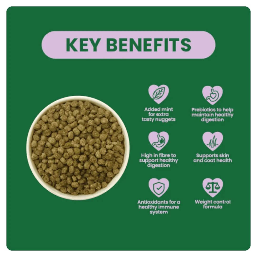 Burgess Excel Rabbit Light nuggets highlighting key benefits like weight control, digestion support, and added mint for flavor.