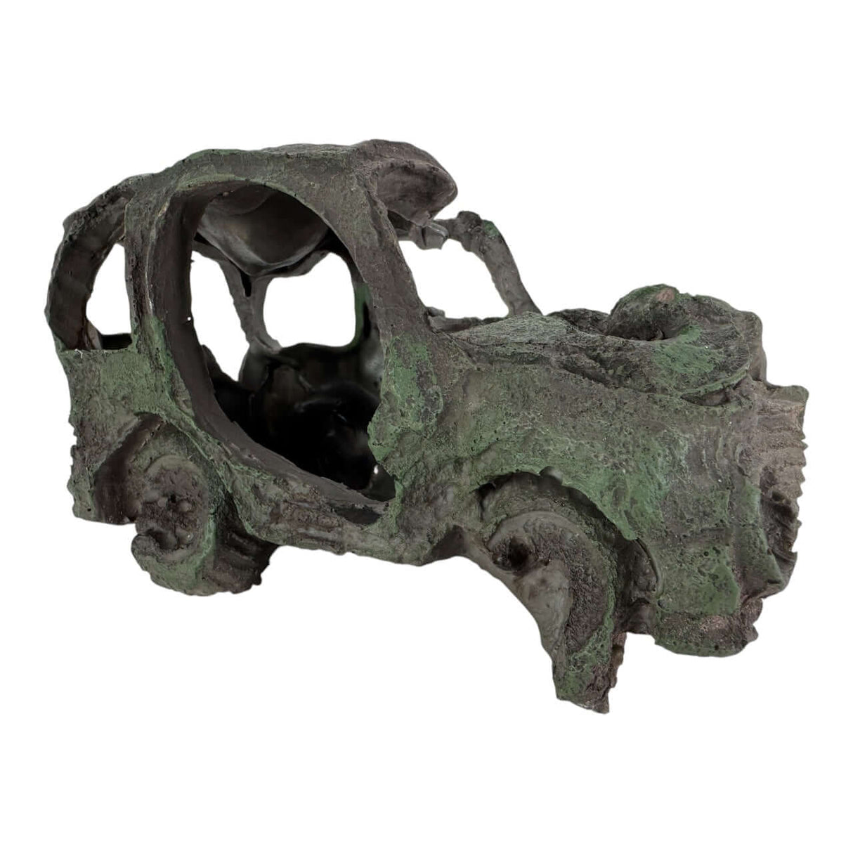 Car wreck aquarium ornament with detailed rust and decay in dark greenish-gray finish for aquatic decoration.