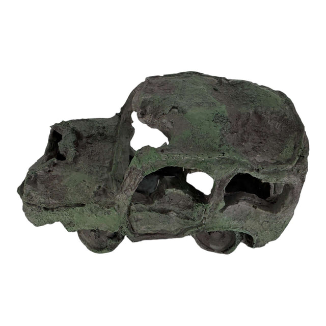 Car Wreck Aquarium Ornament depicting a rusted, weathered compact car for aquarium decor.
