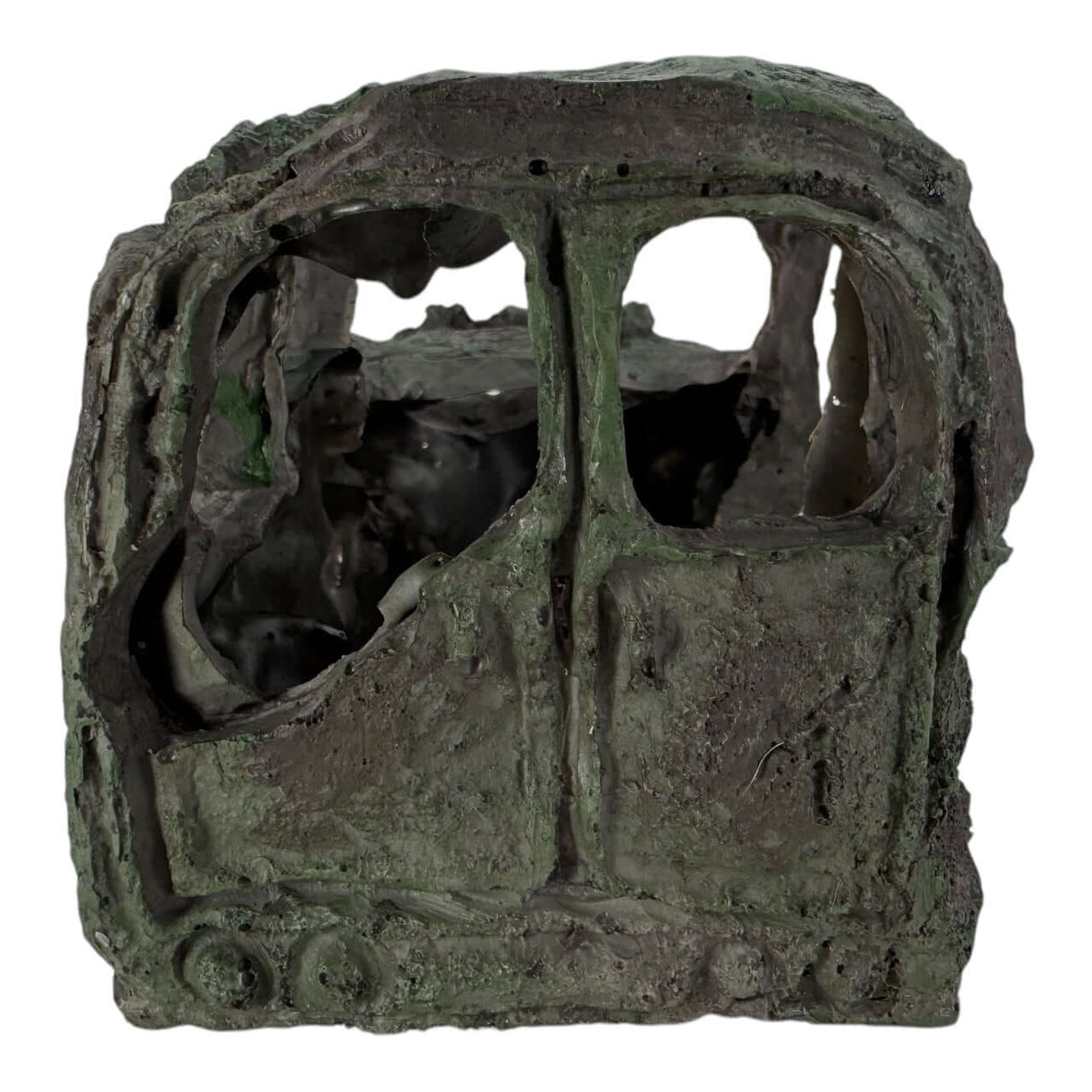 Car Wreck Aquarium Ornament showcasing a rusted, detailed, and weathered compact car for unique aquarium decoration.