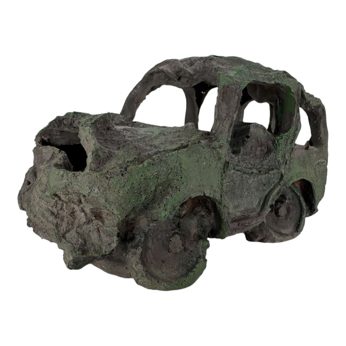 Car wreck aquarium ornament featuring a detailed, weathered, rusted compact car design in dark greenish-gray finish.
