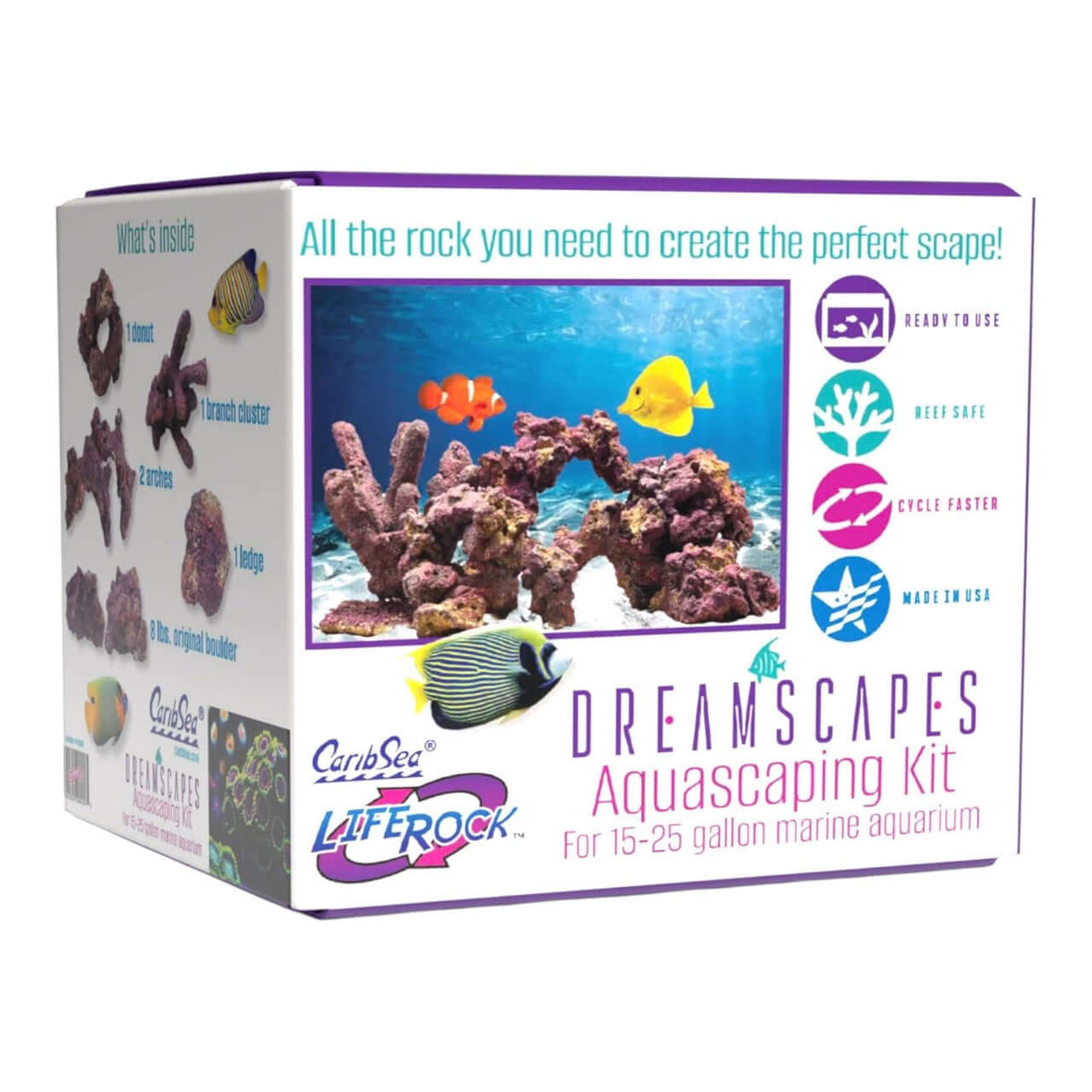 Caribsea Dreamscapes Aquascaping Kit box for 15-25 gallon marine aquarium, showcasing versatile rock for underwater landscapes.