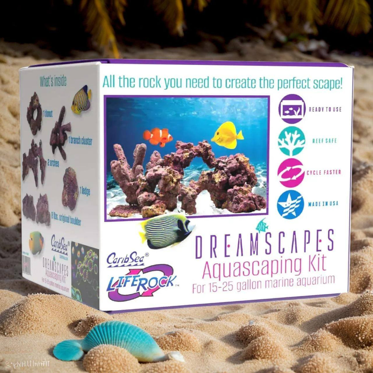 Caribsea Dreamscapes Aquascaping Kit packaging designed for 15-25 gallon marine aquarium setups.