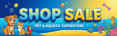 Shop Sale banner for a pet and aquatic superstore featuring a dog, cat, parrot, and underwater scene.
