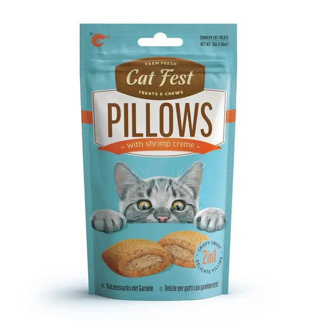 Cat Fest Pillows cat treats with shrimp crème in a teal bag featuring a playful cat image.