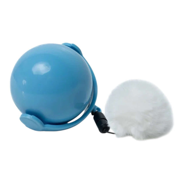 Blue cat rolling ball toy with a fluffy white pompom, designed for feline play and stimulation.