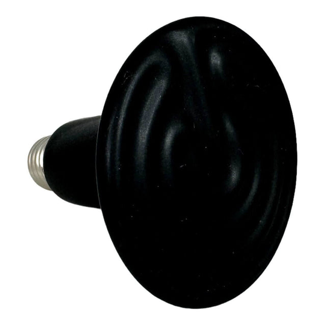 Black ceramic heat lamp bulb designed for reptiles, providing infrared heat for a safe and comfortable environment.