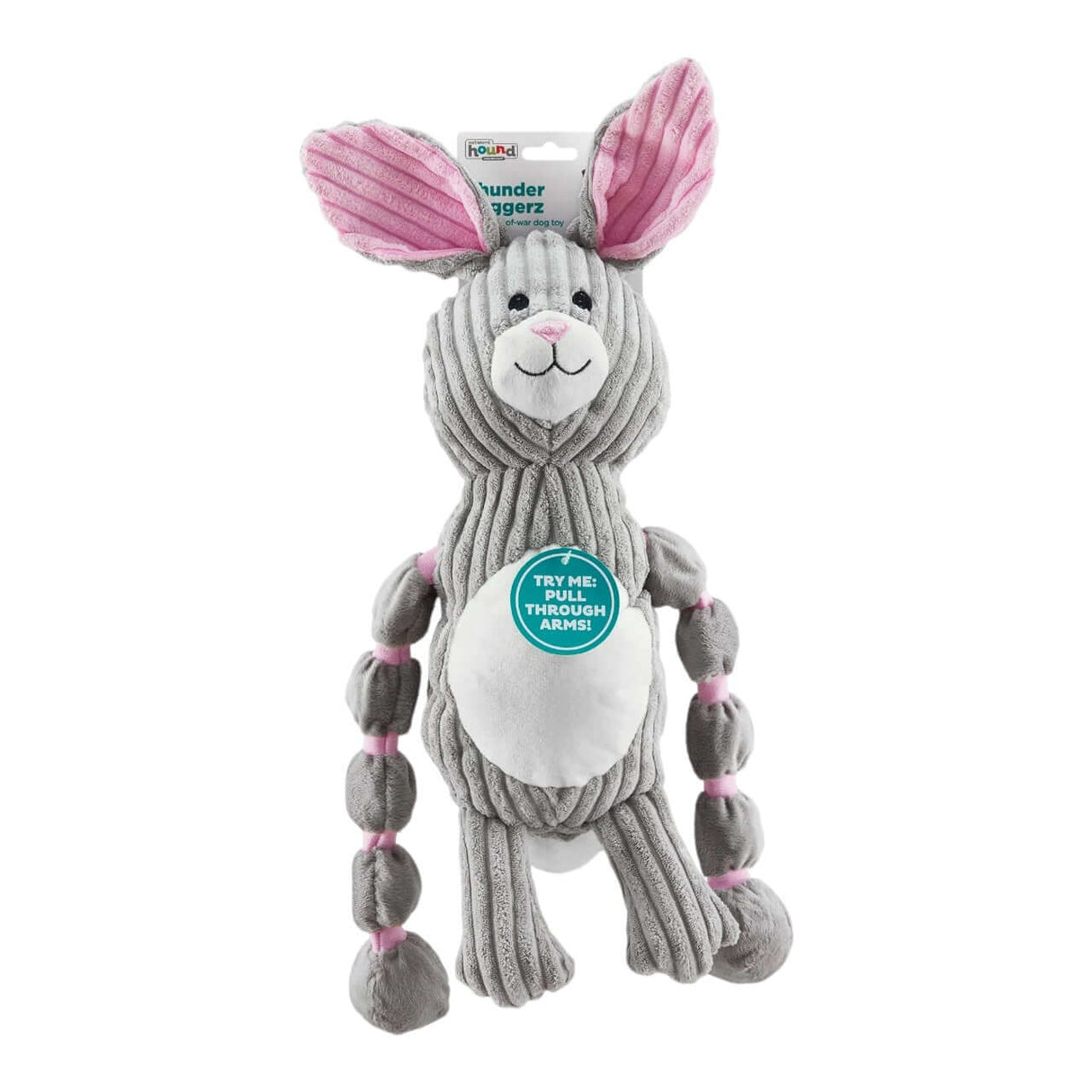 Charming Pet Thunder Tuggerz Bunny plush dog toy with rope arms and squeaker for interactive play.