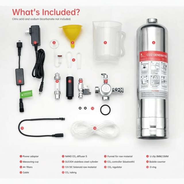 Chihiros Co2 Generator Kit 2.5L components including CO2 cylinder, diffuser, tubing, and measuring cup.