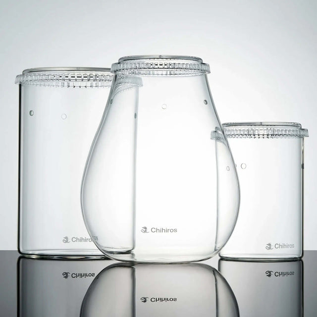 Chihiros Glass Pot Dew three rounded glass containers with ventilated lids for plant care in humid environments.
