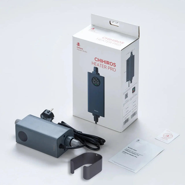 Chihiros Heater Pro 10-1000W external aquarium heater packaging and accessories on a white background.