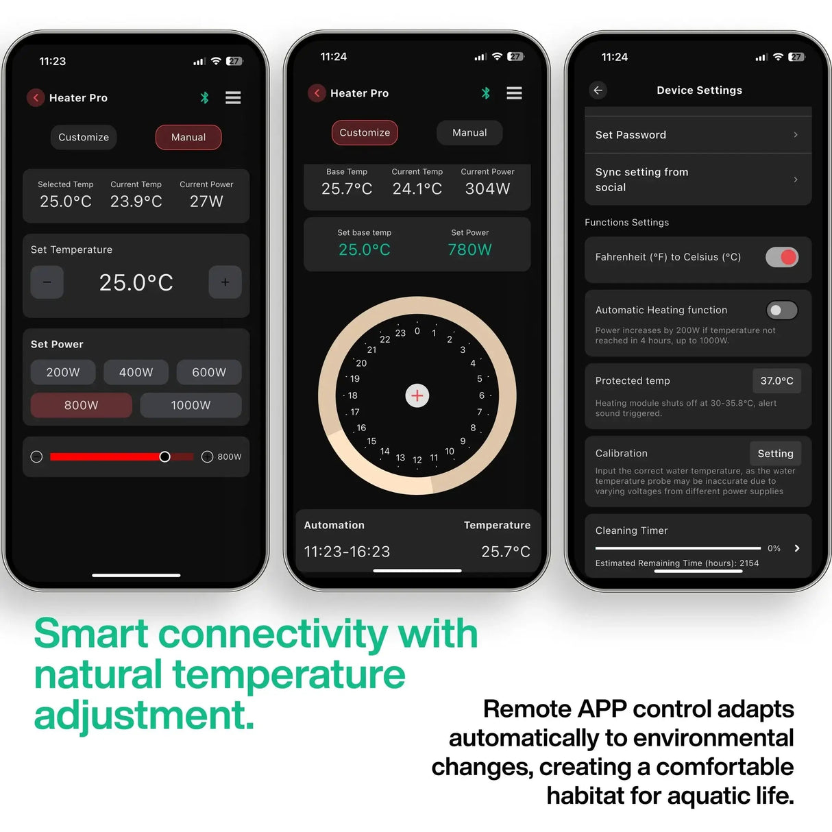 Two smartphones displaying the My Chihiros app for the Heater Pro, showcasing temperature control and settings.