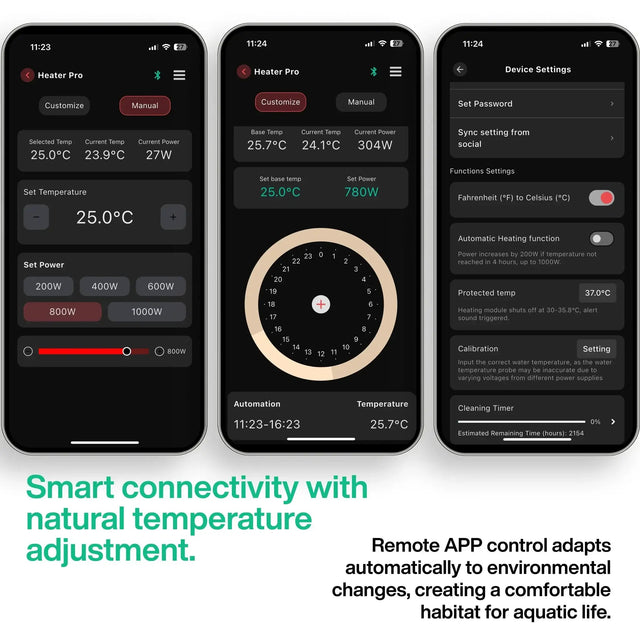 Two smartphones displaying the My Chihiros app for the Heater Pro, showcasing temperature control and settings.
