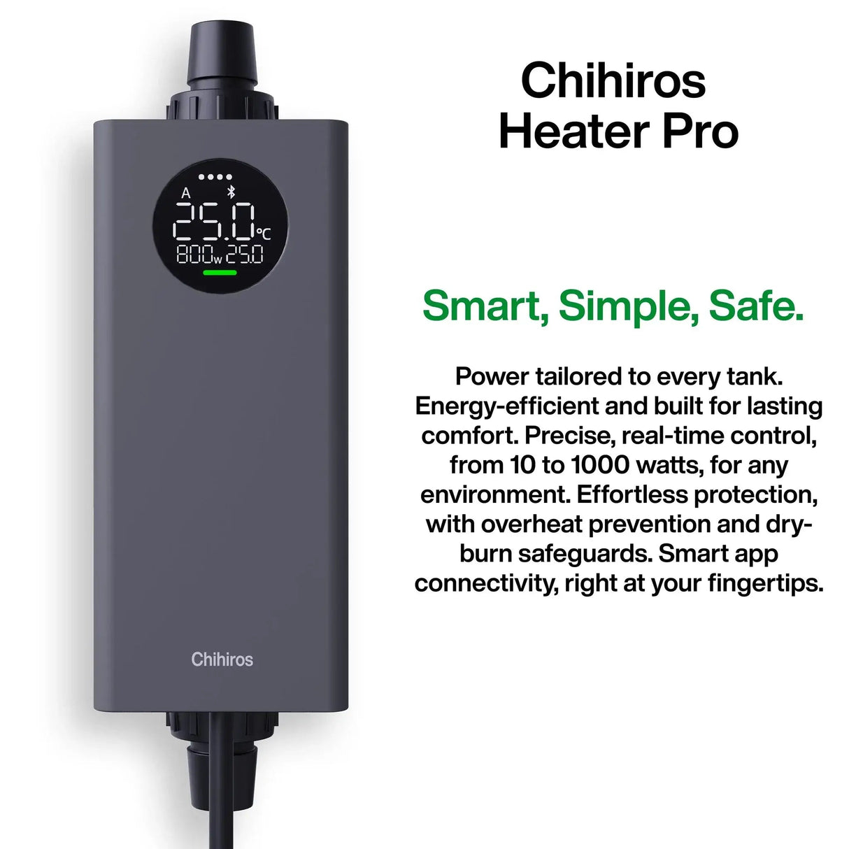 Chihiros Heater Pro 10-1000W displaying temperature and power settings for efficient tank heating.