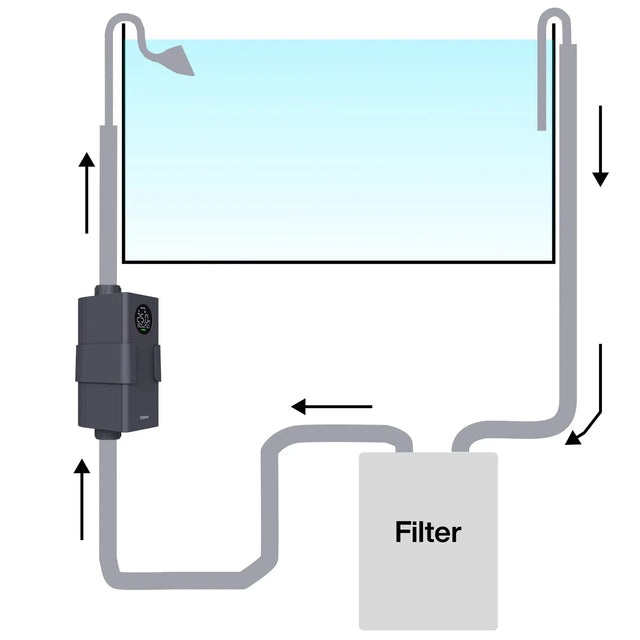 Diagram of Chihiros Heater setup for aquariums, showing connections to filter and tank with adjustable temperature settings.