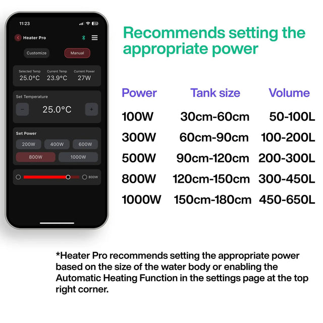Chihiros Heater Pro app screen showing recommended power settings for various tank sizes and volumes.