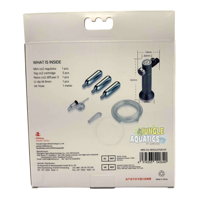 Chihiros Mini Co2 Regulator Kit back packaging showing included items like regulator, cartridges, and diffuser.
