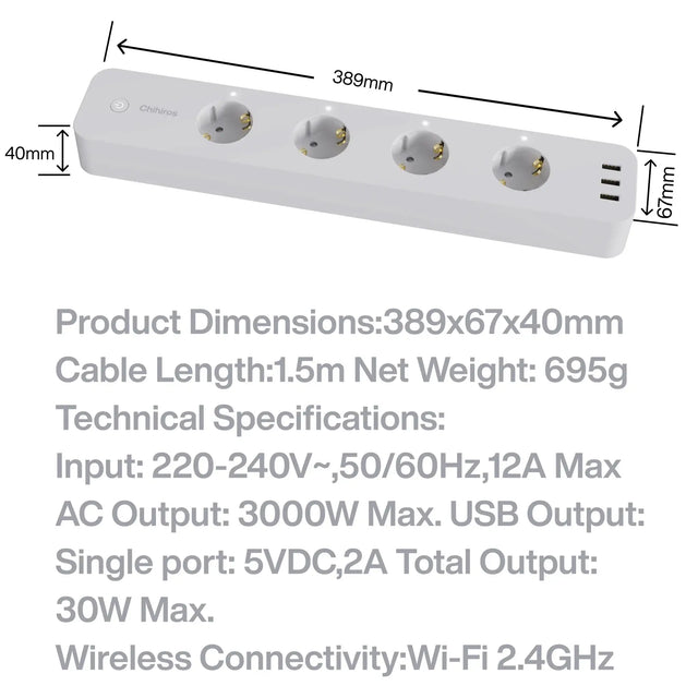Chihiros Smart Power Strip dimensions and technical specifications including Wi-Fi connectivity and outlet details.
