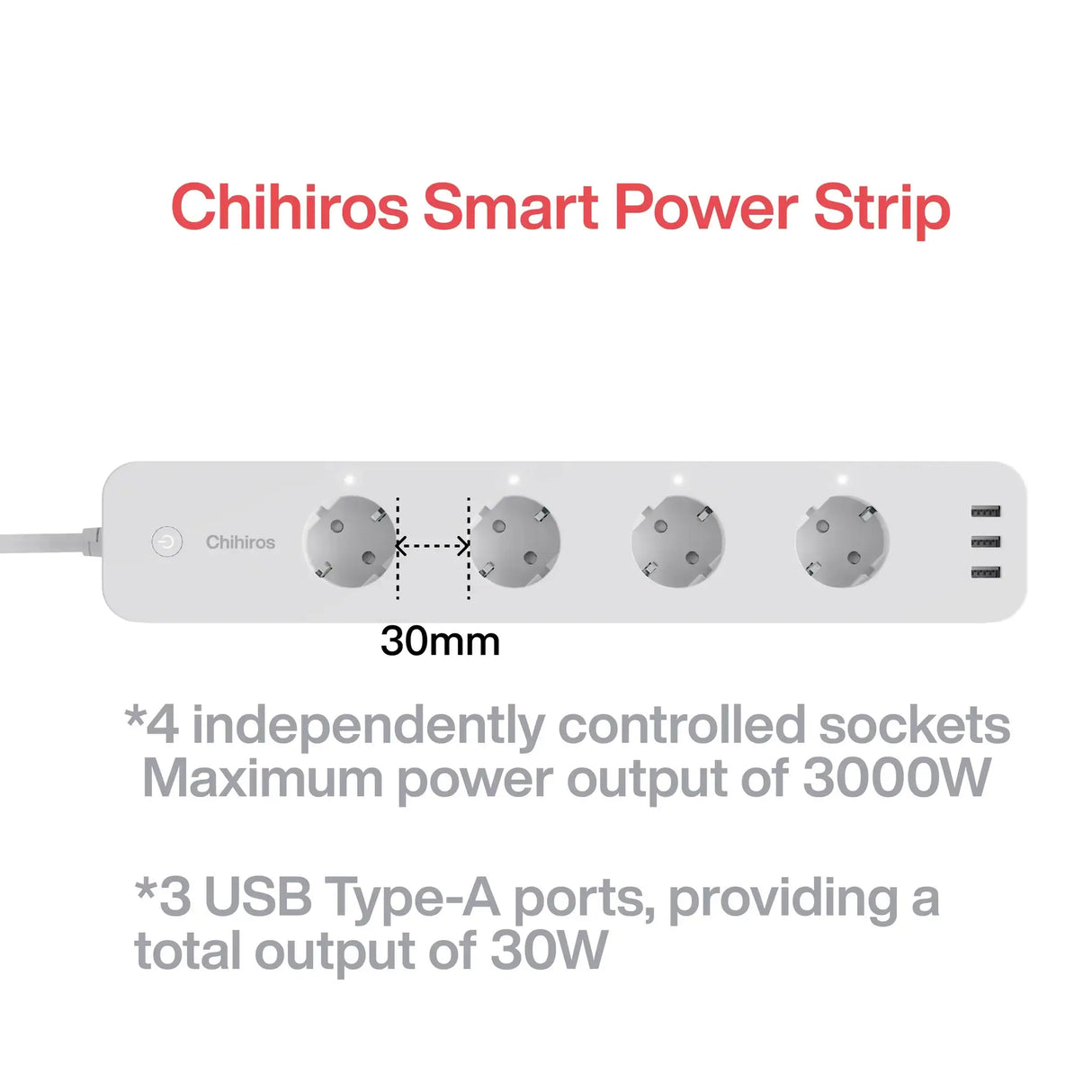 Chihiros Smart Power Strip featuring 4 controlled sockets and 3 USB Type-A ports for efficient power management.