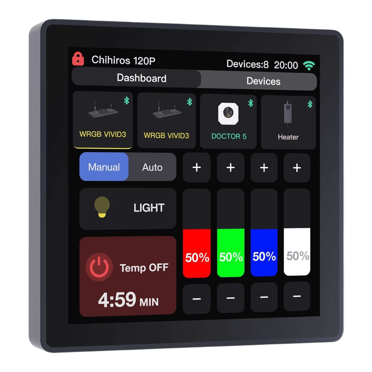 Chihiros WiFi Hub Pro interface displaying device controls and dashboard settings for aquarium management.