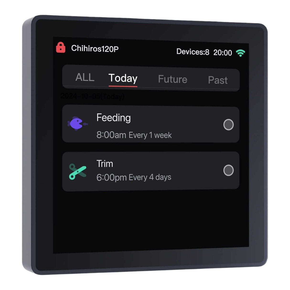 Chihiros WiFi Hub Pro interface displaying device settings for feeding and trimming schedules.