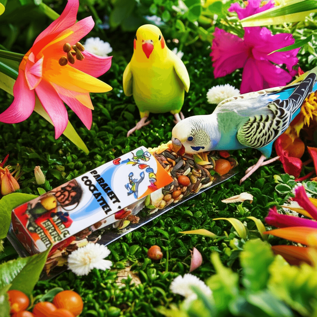 Cockatiel and parakeet seed stick with nuts and fruits, surrounded by vibrant flowers and playful birds.