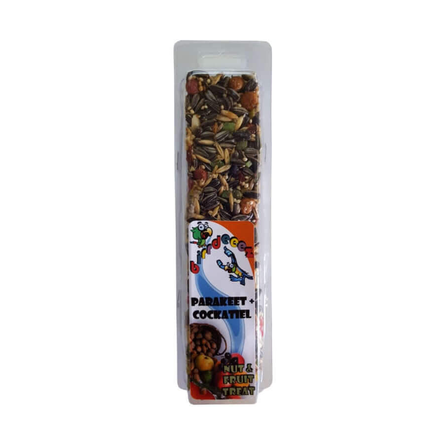 Cockatiel and parakeet seed stick treat with nuts and fruits, nutritious snack for small birds.
