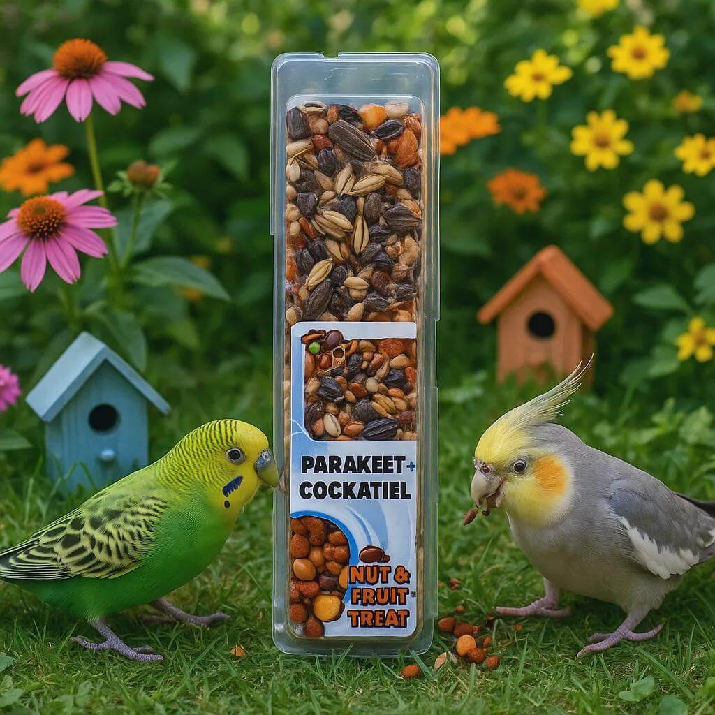 Cockatiel and parakeet seed stick with nuts and fruit, surrounded by colorful flowers and small birdhouses.