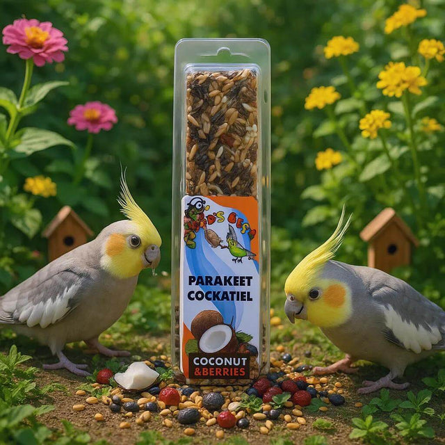 Cockatiels enjoying a Coconut and Berries Seed Stick treat surrounded by flowers and colorful seeds.