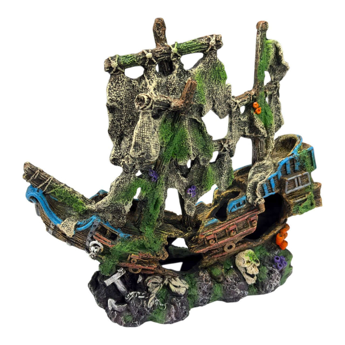 Colourful Shipwreck Ornament with tattered sails and colorful reef-style accents for aquarium decoration.