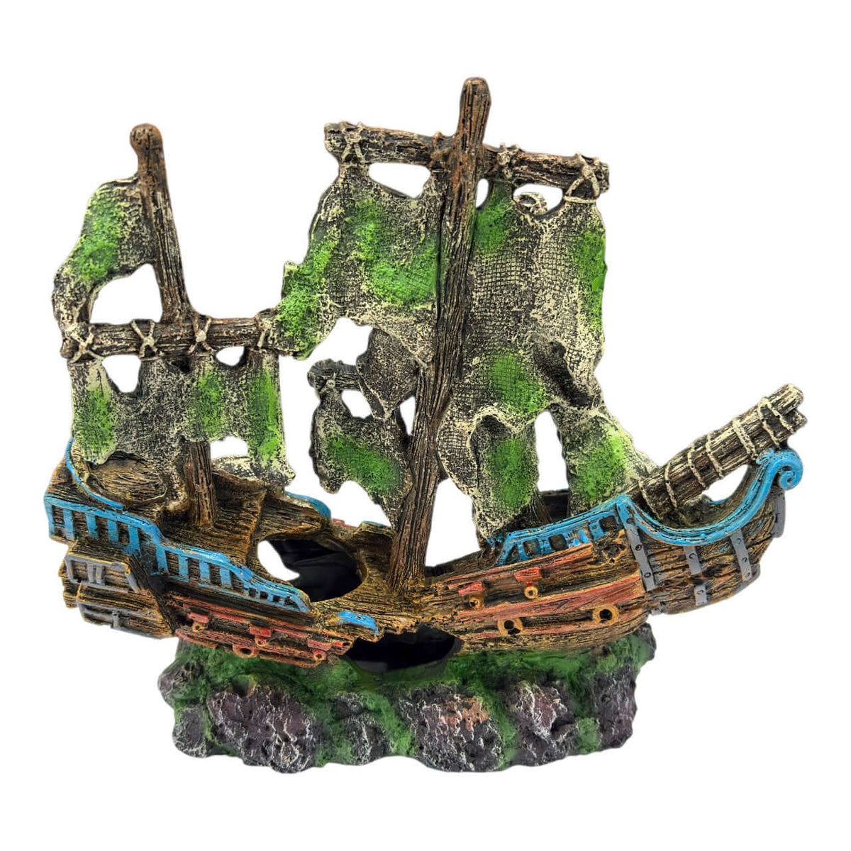 Colourful Shipwreck Ornament showcasing a detailed shipwreck with tattered sails and vibrant reef accents for aquariums.