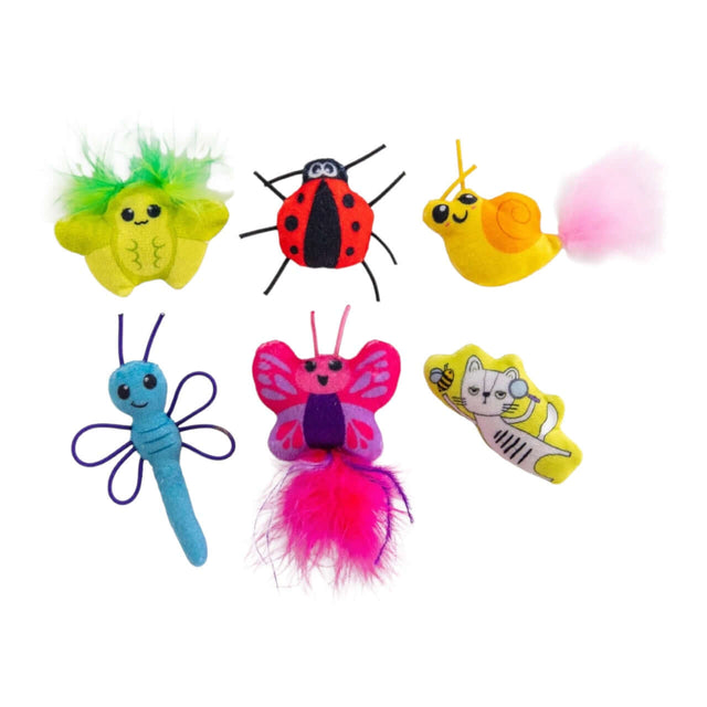 Cute As A Bug Plush Cat Toys 6pk featuring colorful plush insects for playful cats.