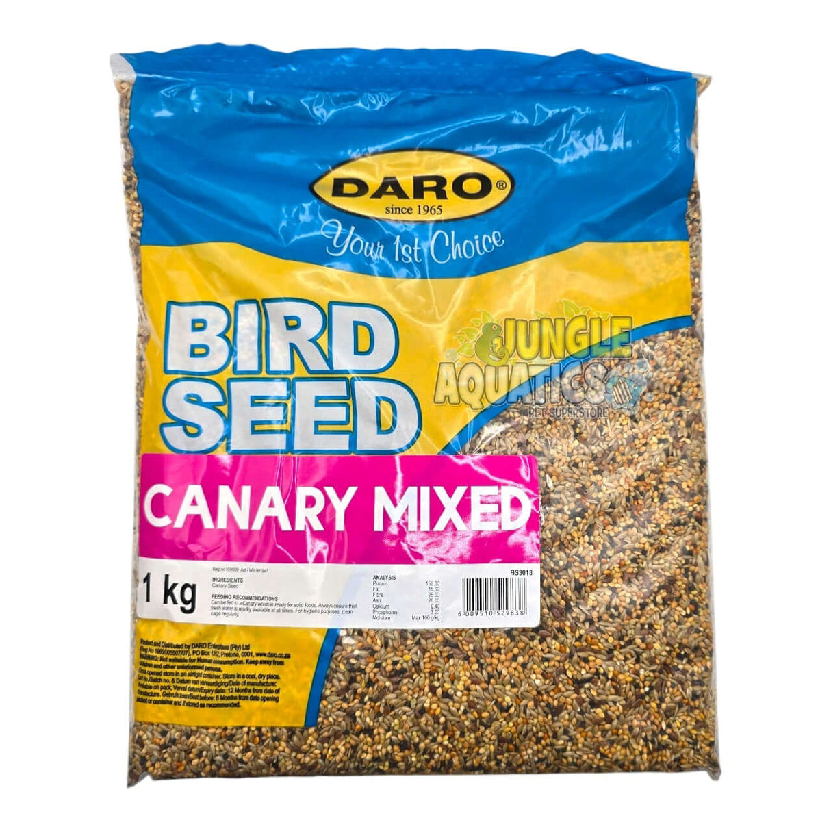 Daro Mixed Canary Seed 1kg bag with colorful seeds for canaries, promoting vibrant health and nutrition.