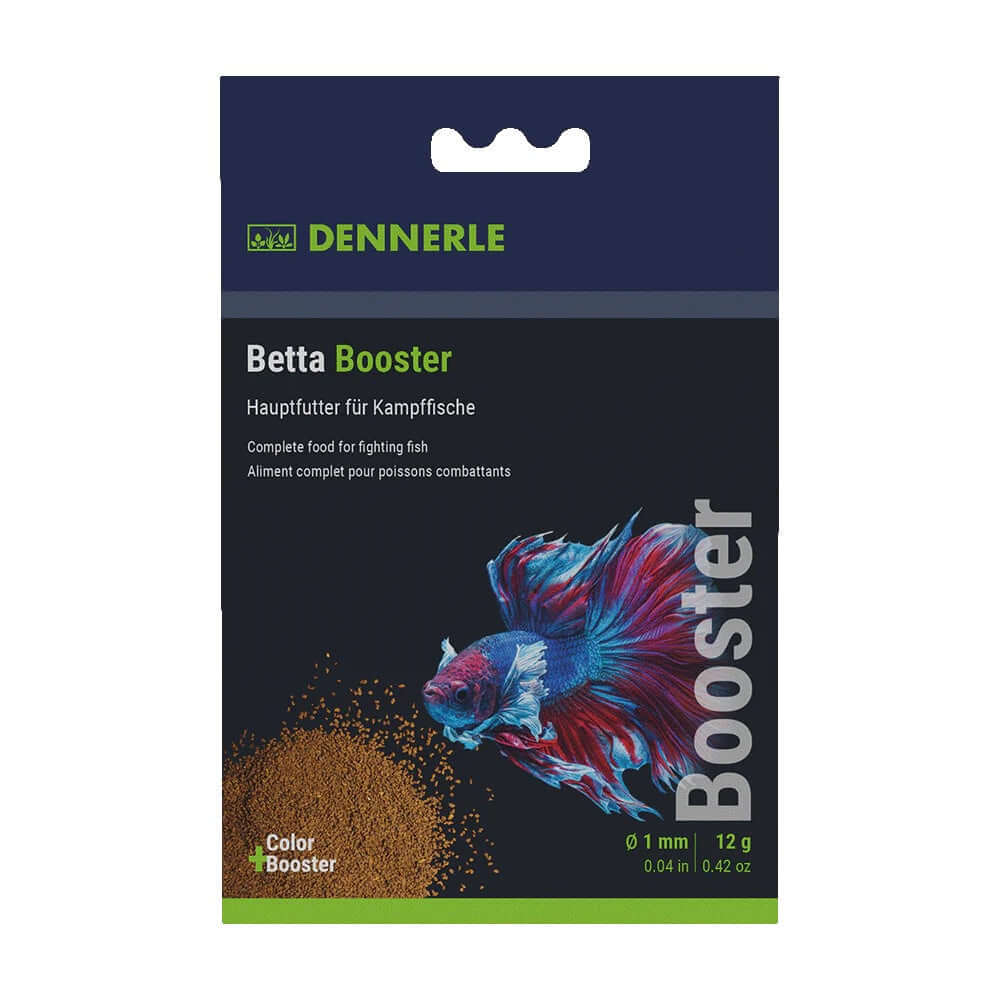 Dennerle Betta Booster 30ml staple food for fighting fish featuring soft granules with 35% insect content.
