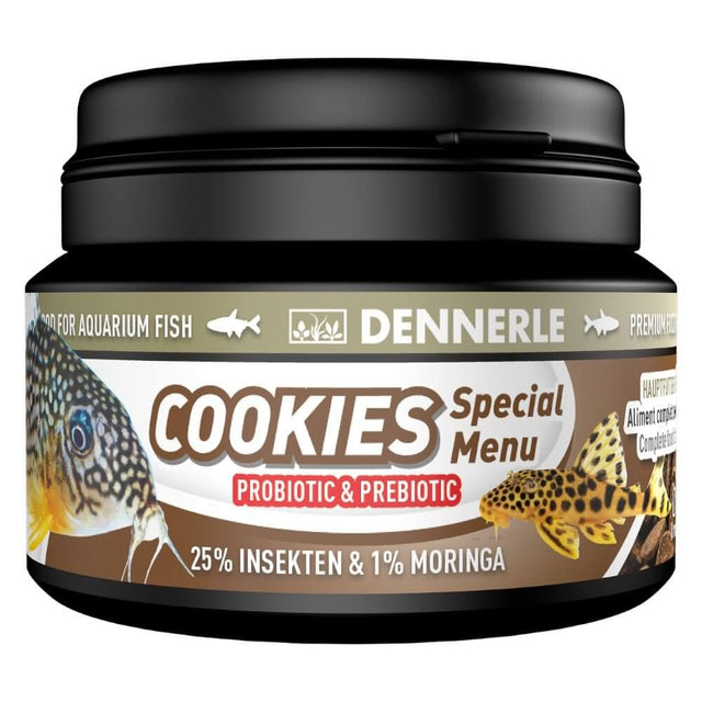Dennerle Cookies Special Menu for aquarium fish, featuring probiotic and prebiotic ingredients for healthy bottom-dwellers.