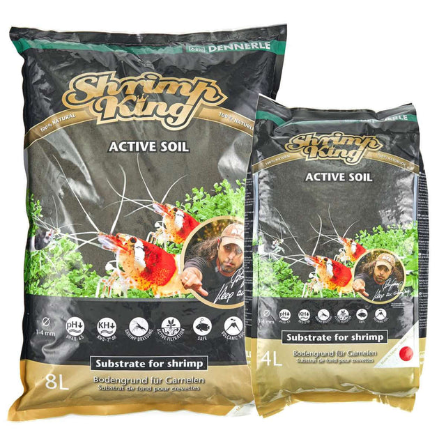 Dennerle Shrimp King Active Soil for shrimp aquaria, nutrient-rich substrate in 4L and 8L bags.