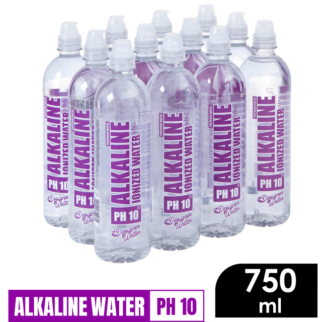 Designer Water Alkaline Ionized Water Still in 750 ml bottles with pH level 10 for enhanced hydration.