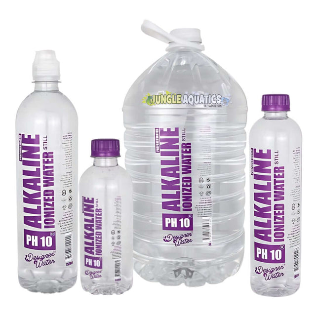 Designer Water Alkaline Ionized Water Still bottles showcasing pH 10 alkaline water in various sizes.