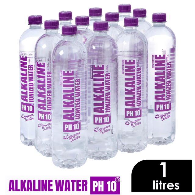 Designer Water Alkaline Ionized Water Still bottles showcasing the benefits of alkaline pH 10 hydration.