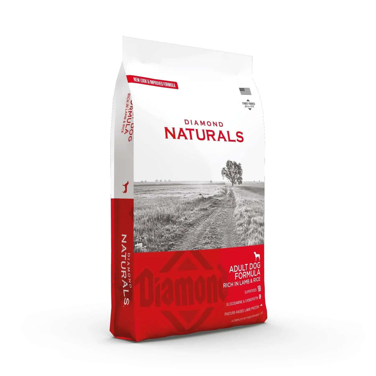 Diamond Naturals Adult Dog Formula Rich in Lamb and Rice Dry Dog Food package with a rural background.