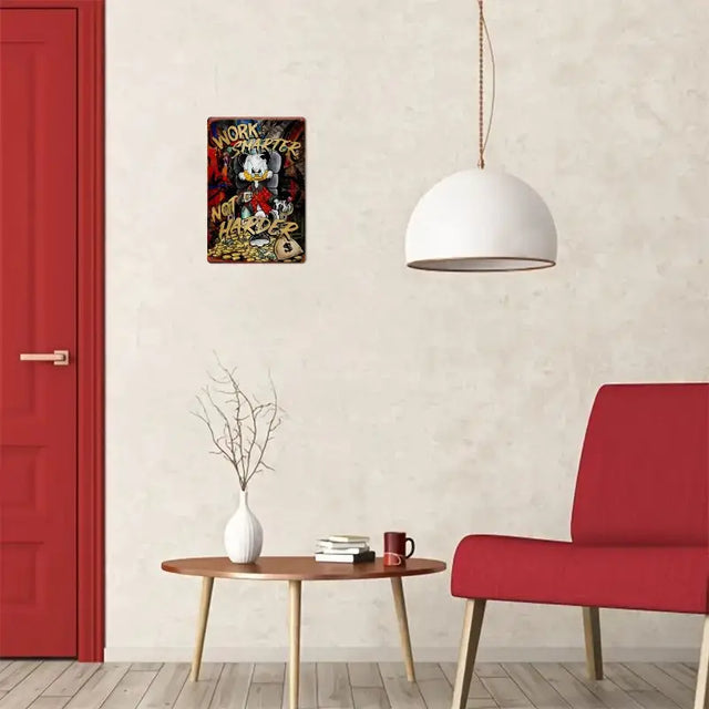 Disney Scrooge McDuck inspirational metal sign in a modern room, featuring 'Work Smarter Not Harder' design.