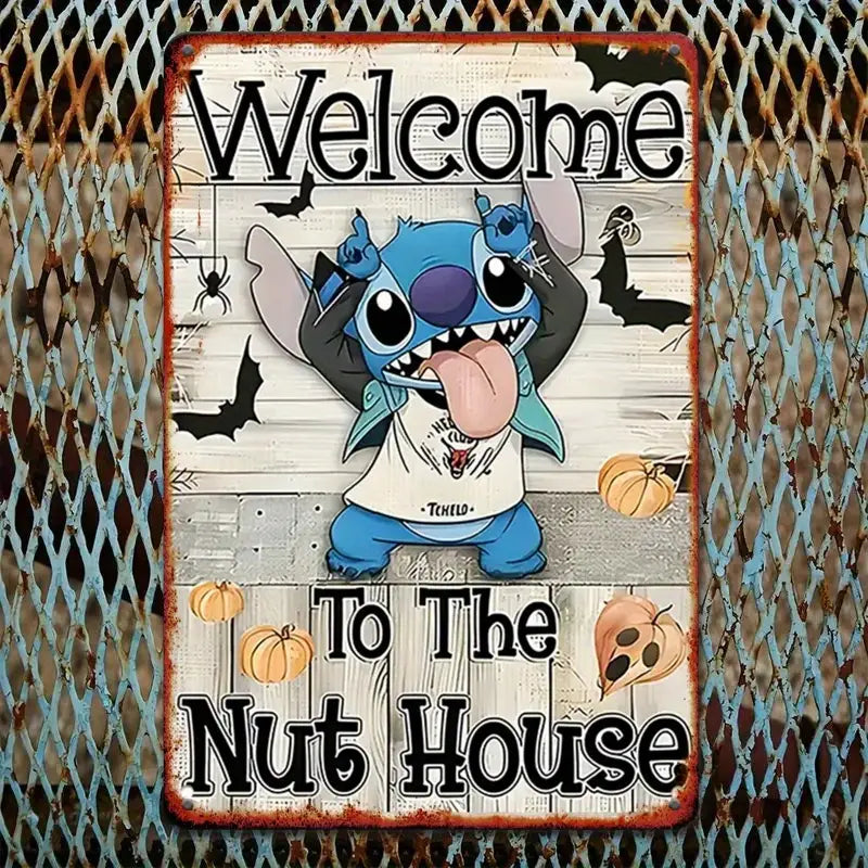Disney Stitch vintage welcome sign with Halloween design, featuring Stitch and pumpkins, perfect for home décor.