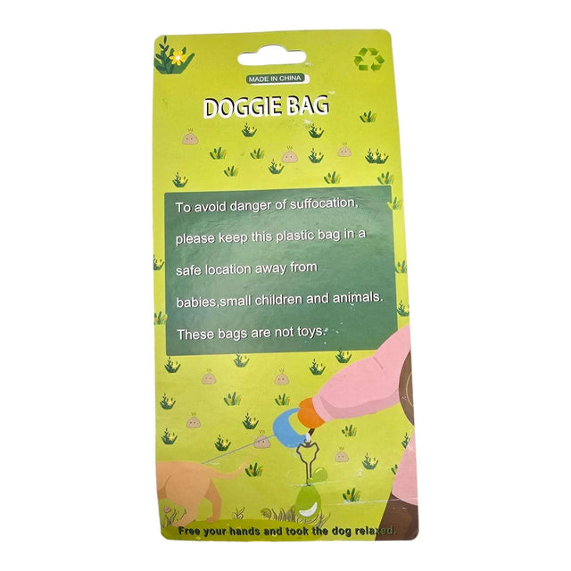 Dog poop bag packaging with safety warnings, featuring a colorful design and instructions for safe use.