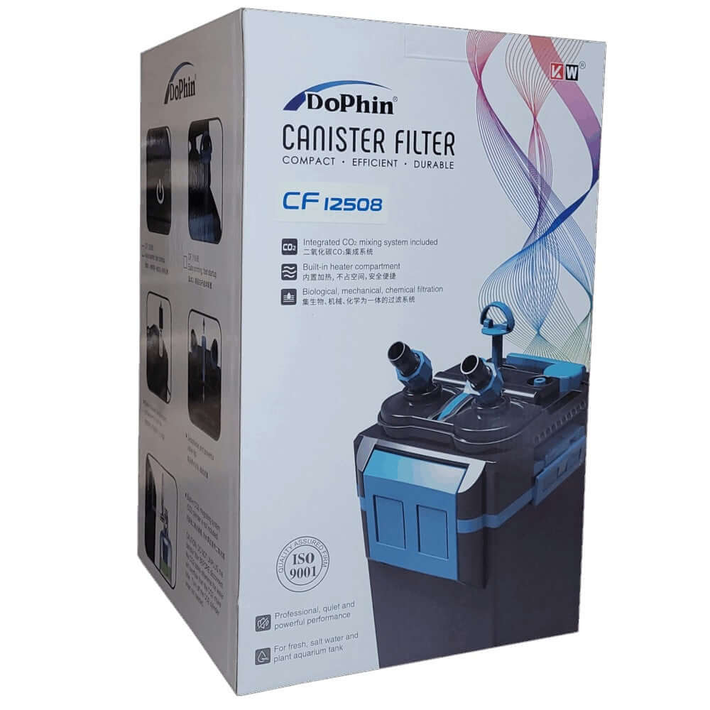 Dophin Canister Filter CF12508 - 1450L/H packaging with integrated CO2 mixing system and built-in heater compartment