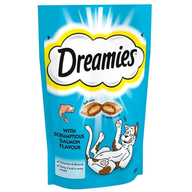 Dreamies Cat Treats 60g with scrumptious salmon flavor, featuring a playful cat and a crunchy treat design.