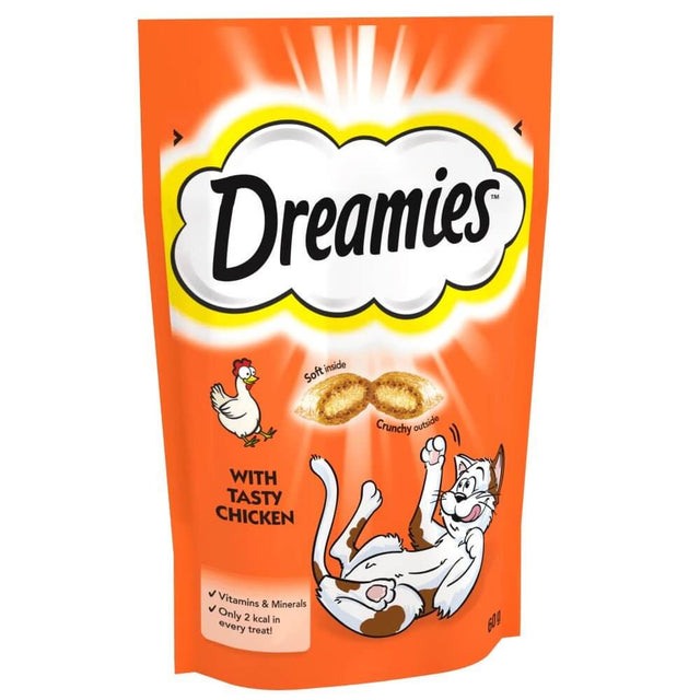 Dreamies Cat Treats 60g package with tasty chicken and playful cat, featuring soft and crunchy treats for cats.