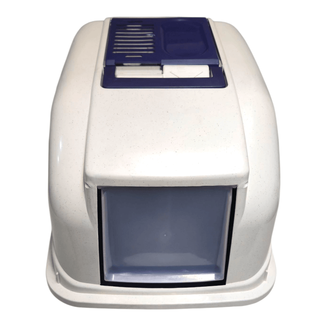 Cat Loo with hood for indoor and outdoor use, made of durable plastic, designed for easy cleaning and maintenance.