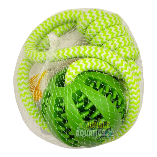 Rope Ball Tug Toy with sturdy rope and green textured rubber ball for dogs, ideal for tug-of-war and chewing.