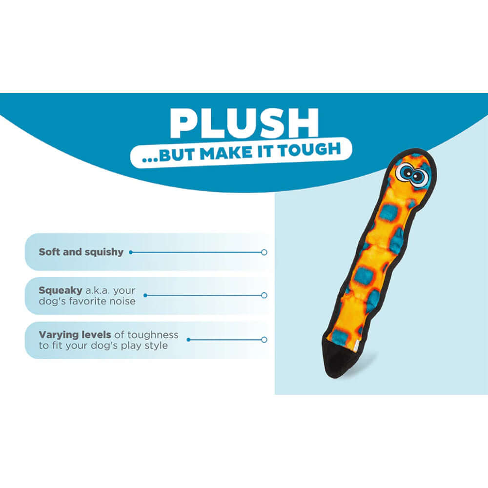 Durablez Snake Large plush toy features soft texture, squeaky sound, and varying toughness for dogs' play styles.
