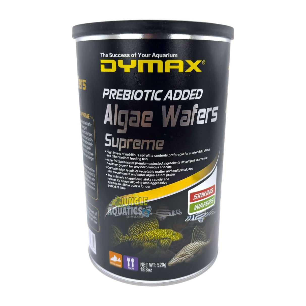Dymax Algae Wafers Supreme packaging, premium sinking wafers for Plecos and bottom feeders.